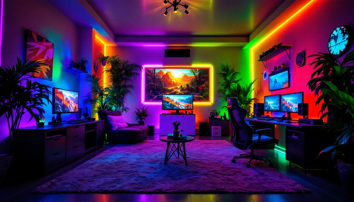 A photograph of a vibrant gameroom illuminated by colorful led lights