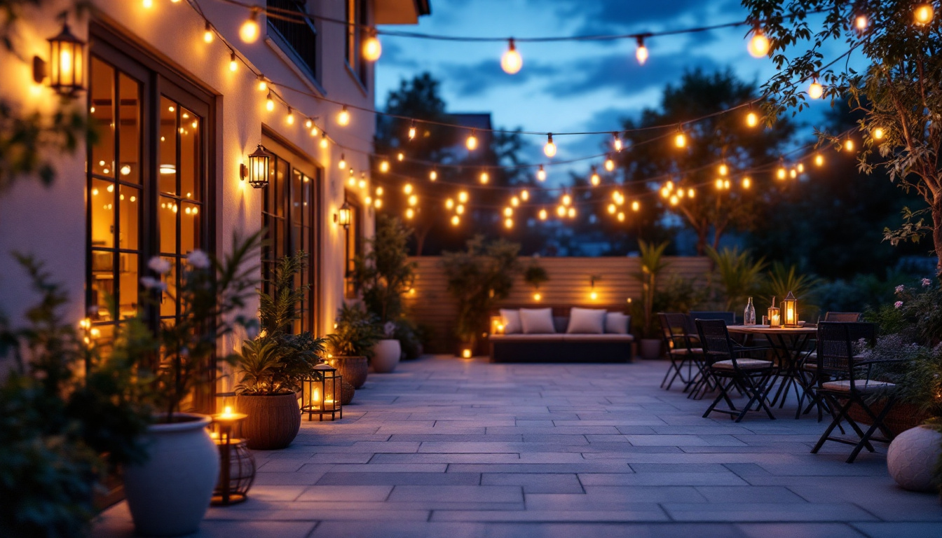 A photograph of a beautifully illuminated outdoor space showcasing various types of outdoor lighting fixtures