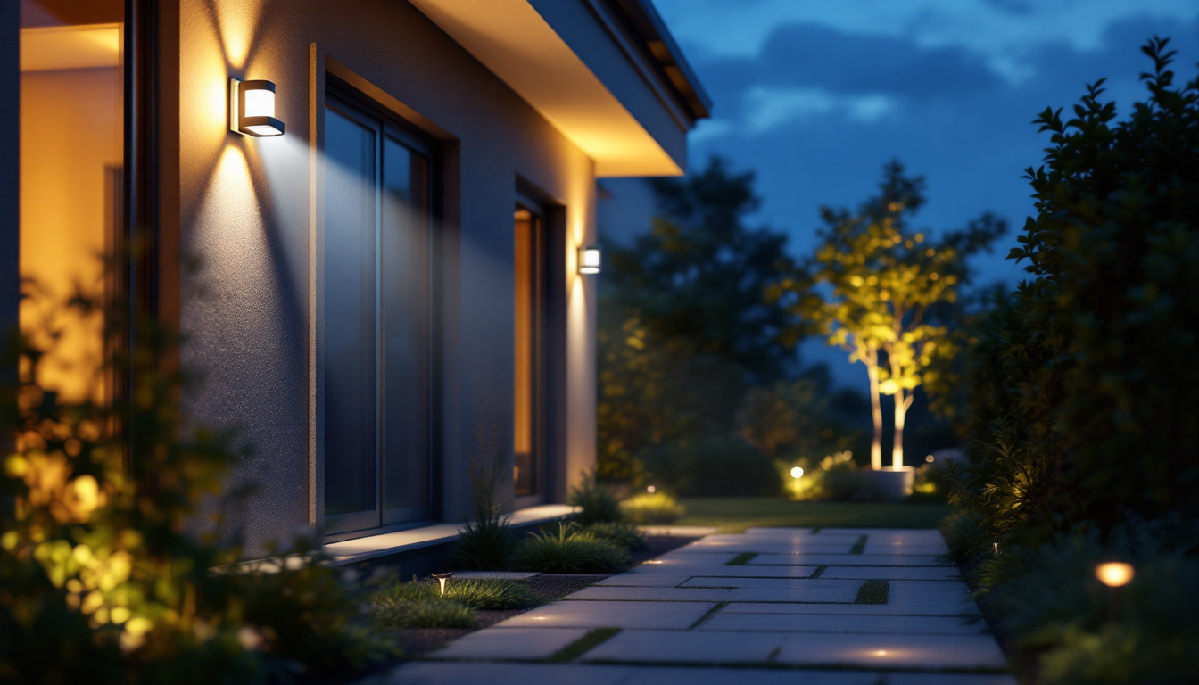A photograph of a well-lit outdoor space showcasing motion detector lights in action