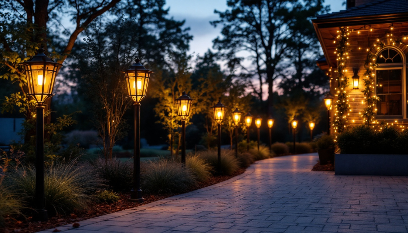A photograph of a beautifully illuminated outdoor space featuring post light fixtures