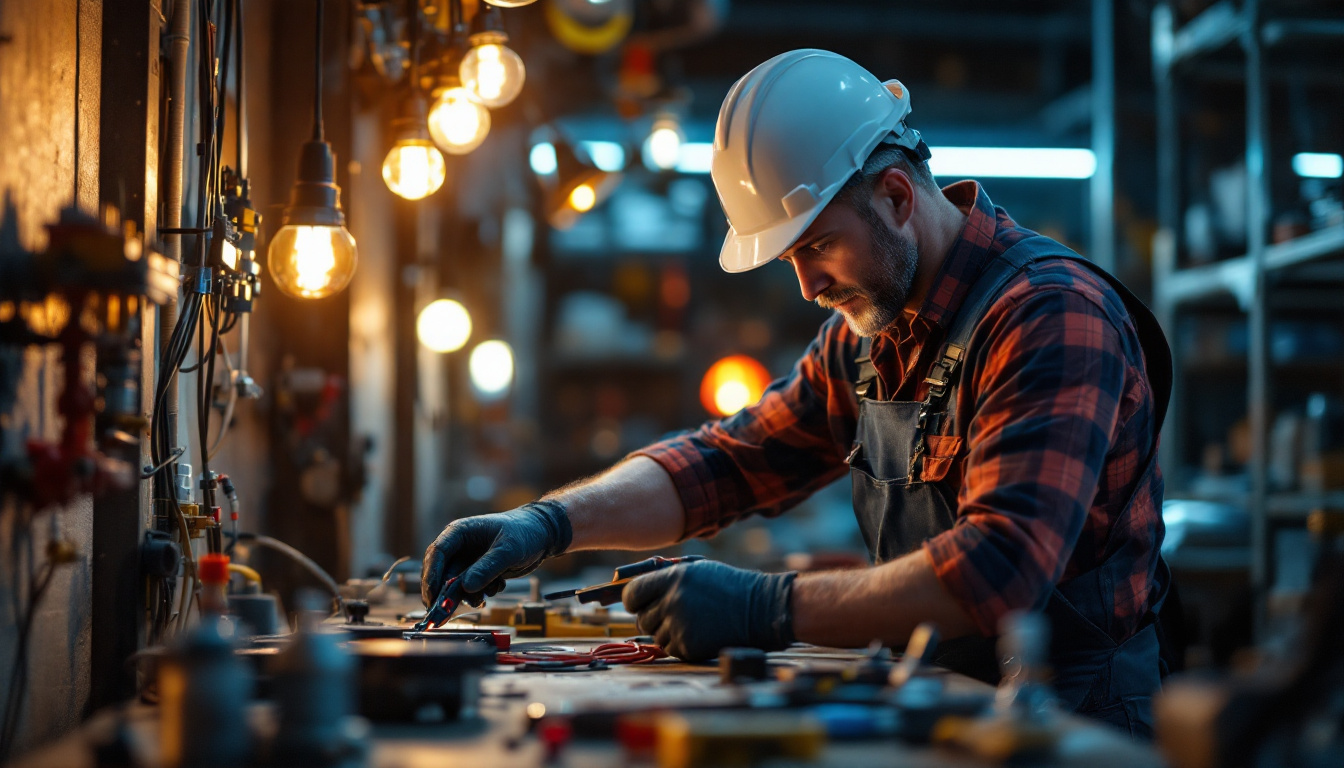 A photograph of an electrician skillfully using innovative lighting tools in a dynamic workspace