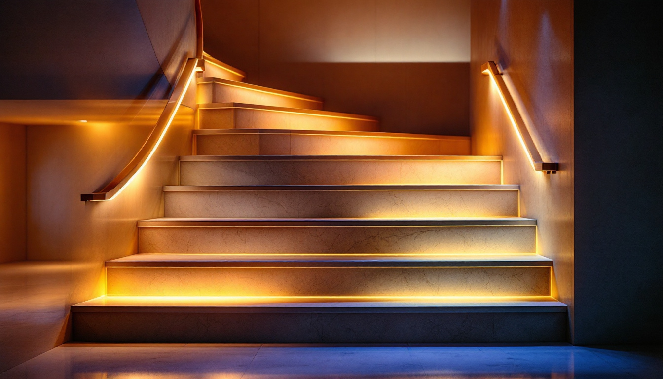 A photograph of a beautifully illuminated indoor staircase featuring stylish step lights