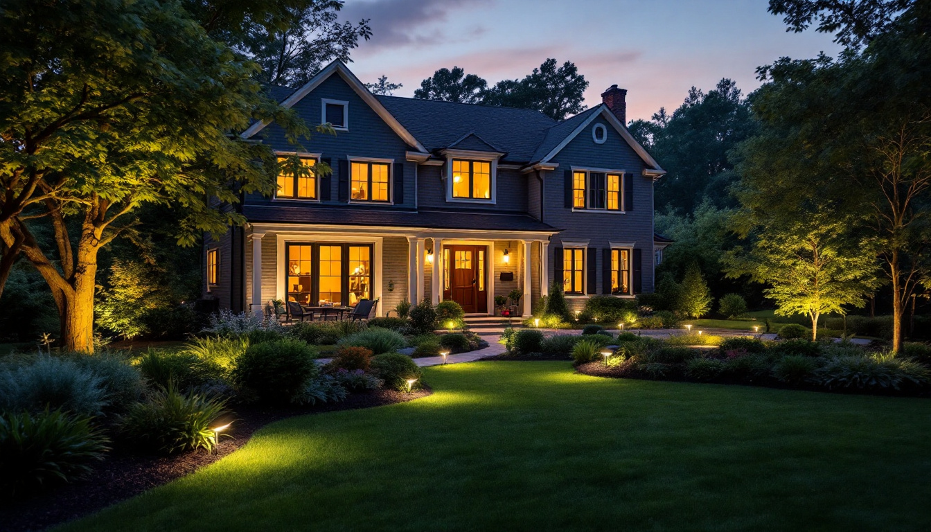 A photograph of a beautifully illuminated exterior yard at dusk