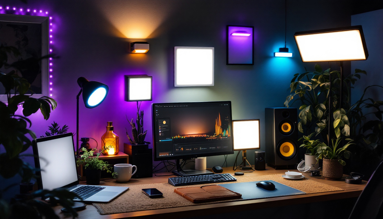 A photograph of a well-lit workspace featuring a variety of square led lights in different styles and applications