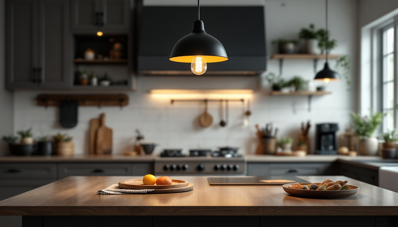 A photograph of a stylish kitchen featuring a striking pendant light that enhances the overall ambiance and functionality of the space