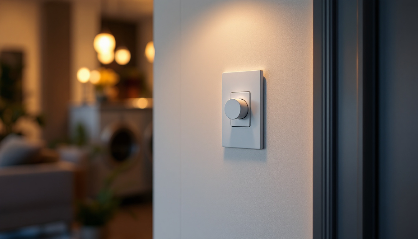 A photograph of a stylishly installed leviton decora single pole dimmer switch in a modern home setting
