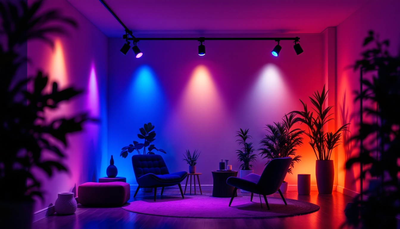 A photograph of capture a photograph of a stylish interior space illuminated by track light featuring adjustable black rgb fixtures