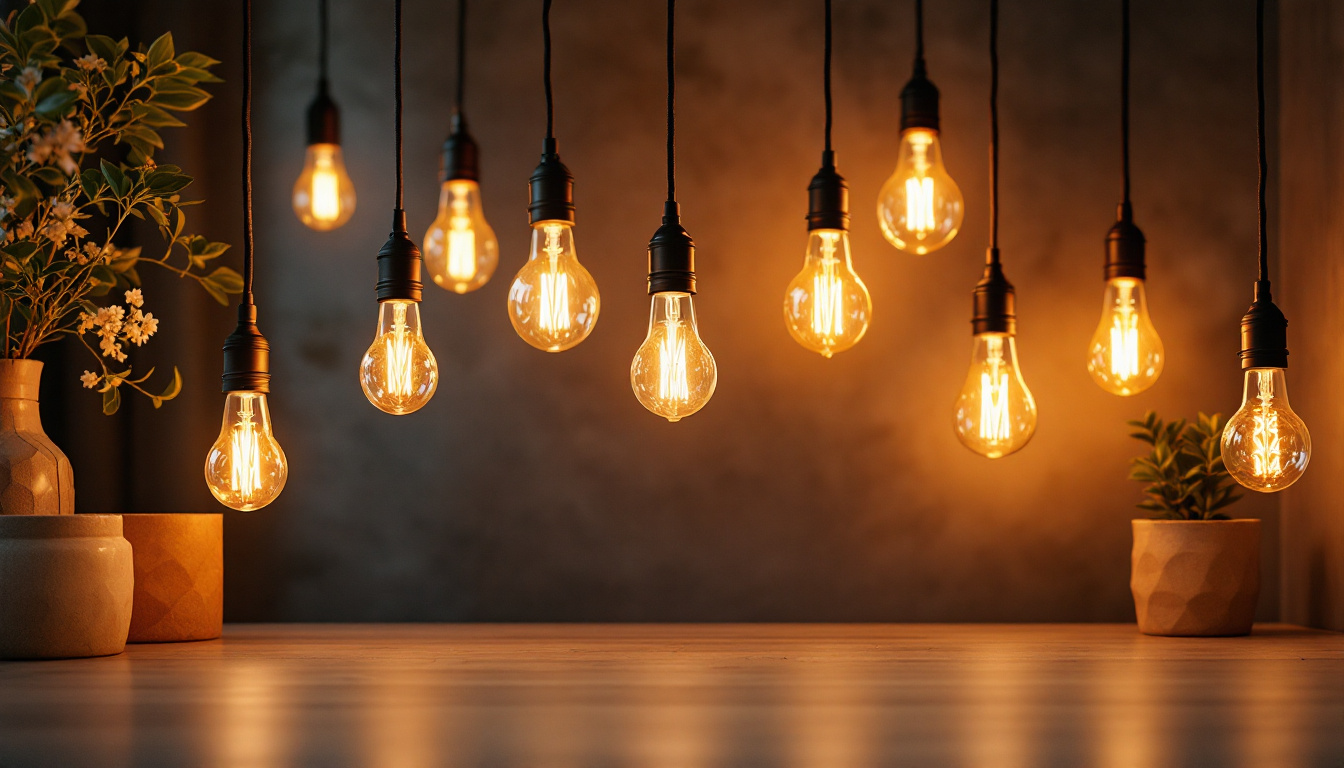 A photograph of a beautifully styled interior space featuring a variety of lamp light bulbs in different settings