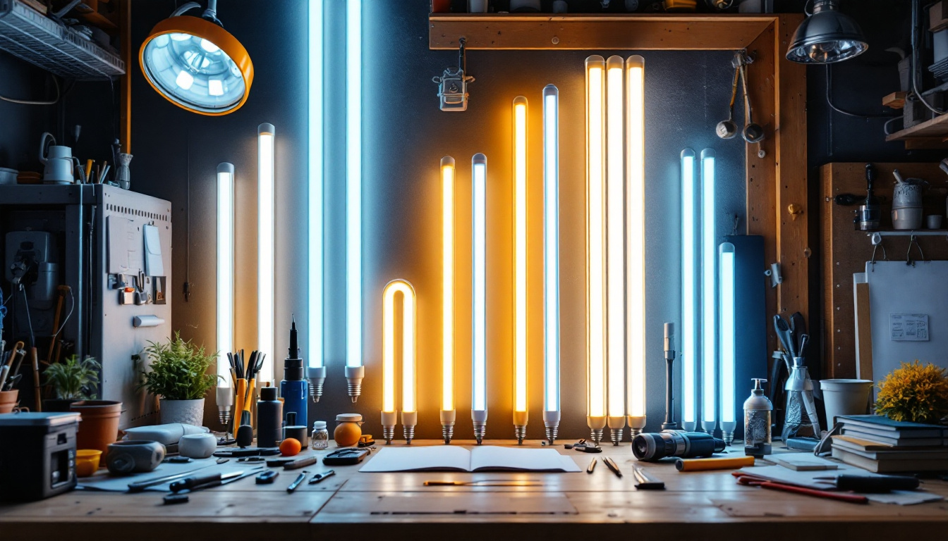 A photograph of a well-lit workspace featuring a variety of led fluorescent tubes in different sizes and colors