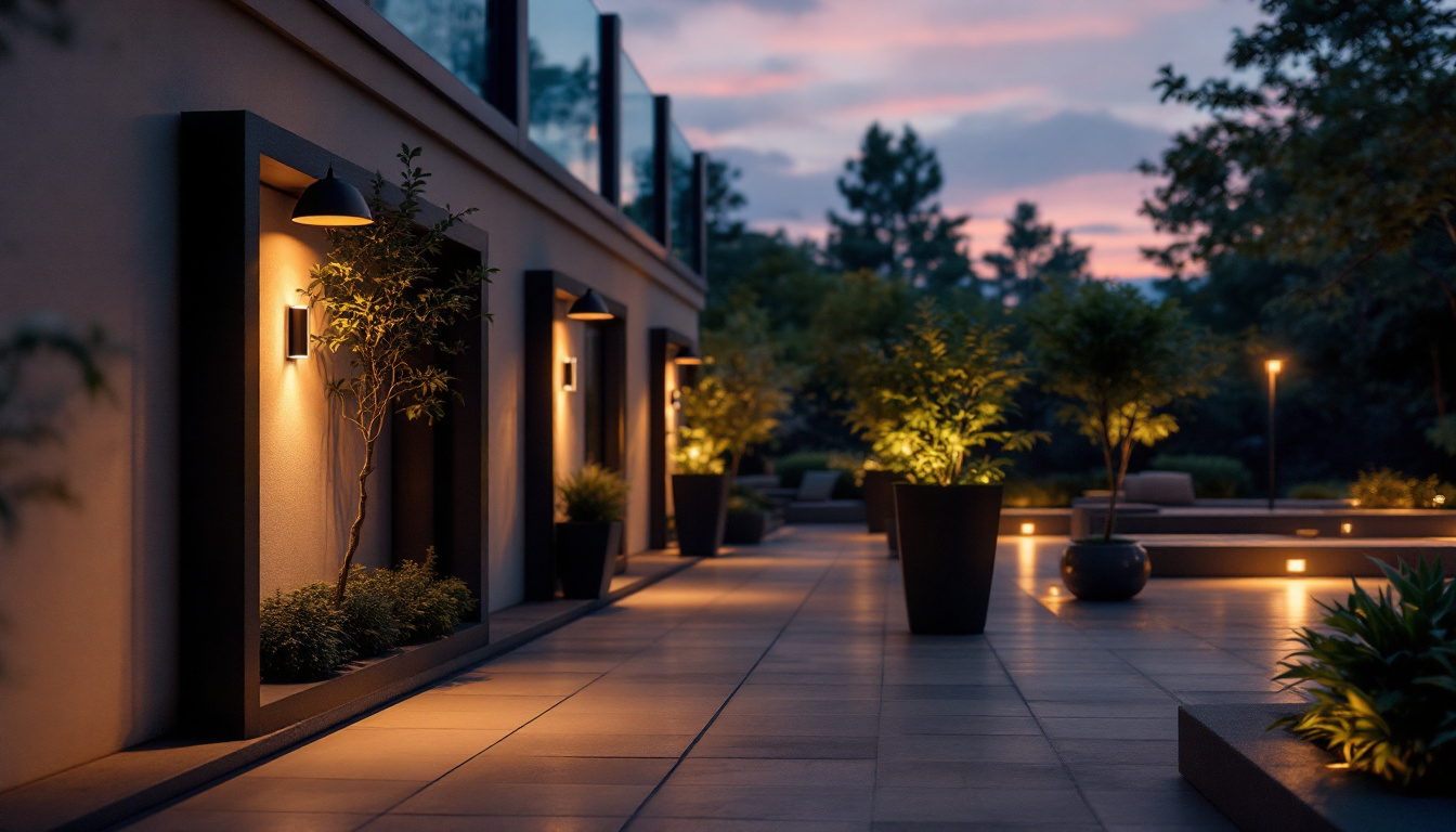 A photograph of a beautifully designed outdoor space showcasing a variety of exterior light fixtures in use