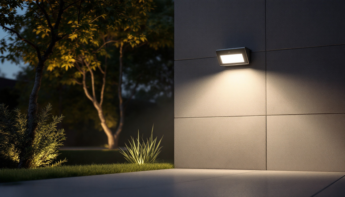 A photograph of a modern outdoor space showcasing a flood light with a motion sensor activated