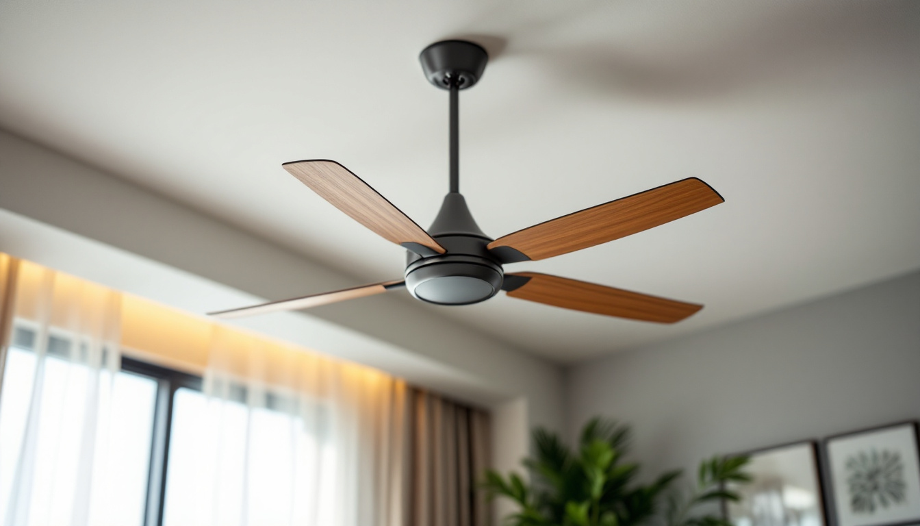 A photograph of a stylish and modern ceiling fan in a beautifully lit room