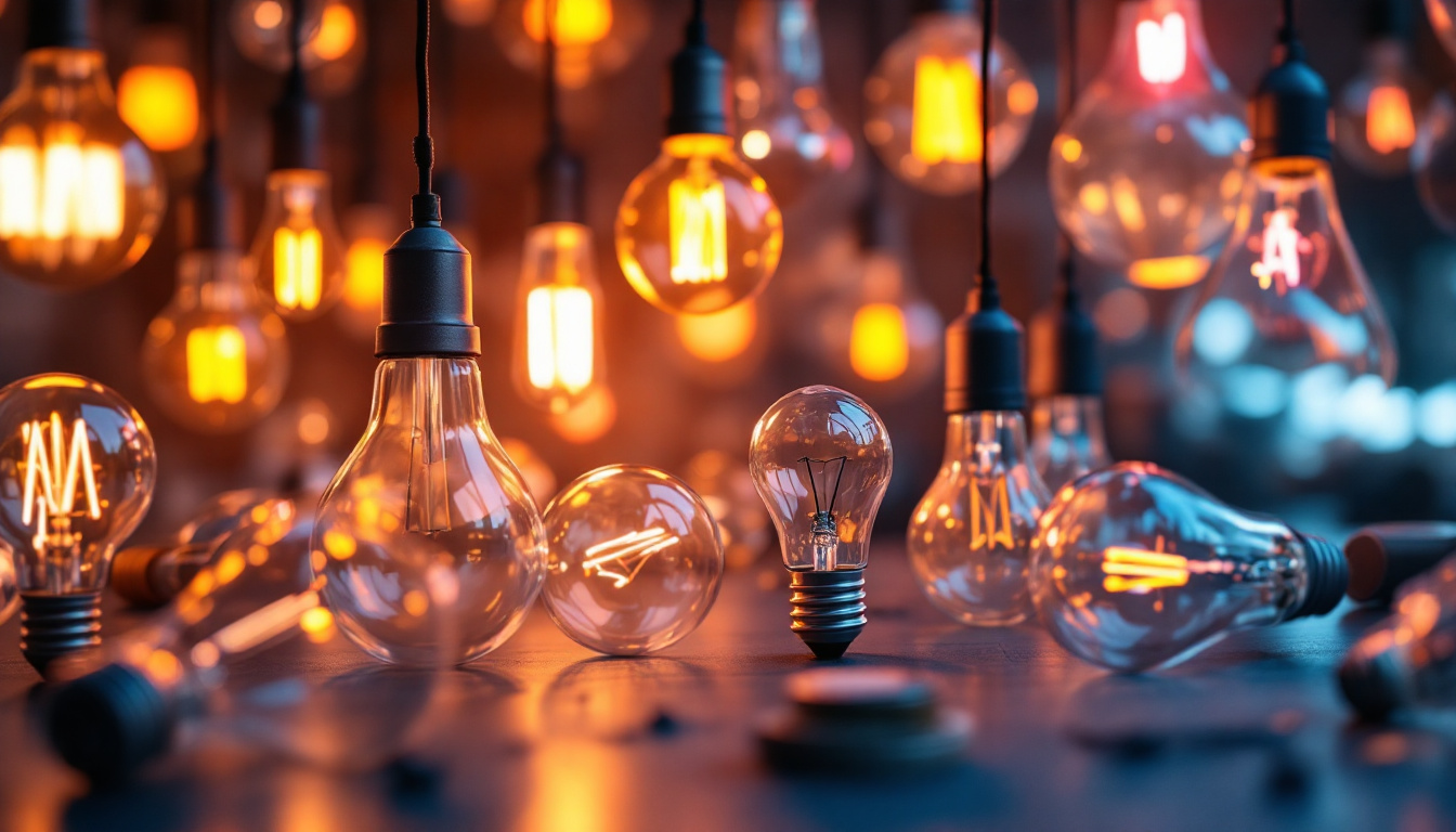 A photograph of a visually striking arrangement of various types of light bulbs