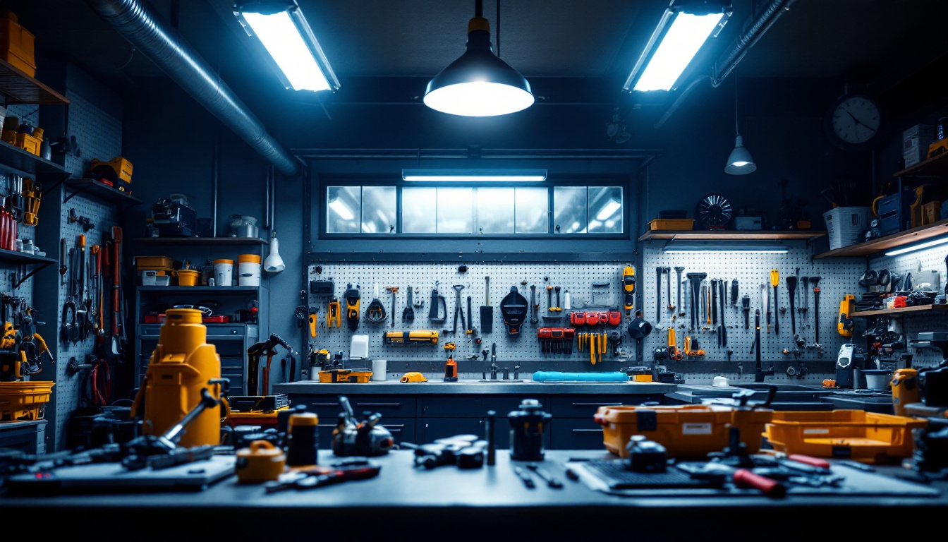 A photograph of a well-lit workshop or garage space showcasing led shop lights from lowe's in action