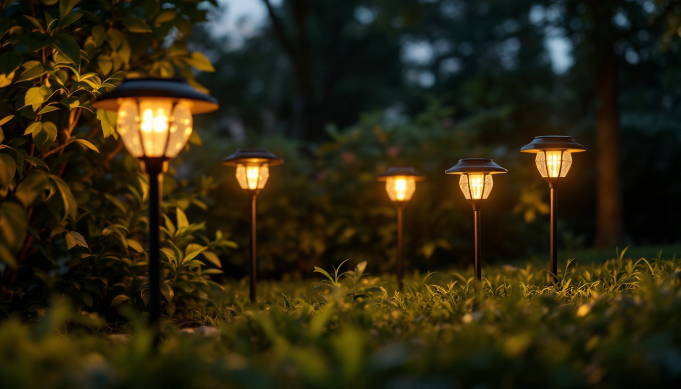 A photograph of a well-lit outdoor scene showcasing various models of led solar lights in use