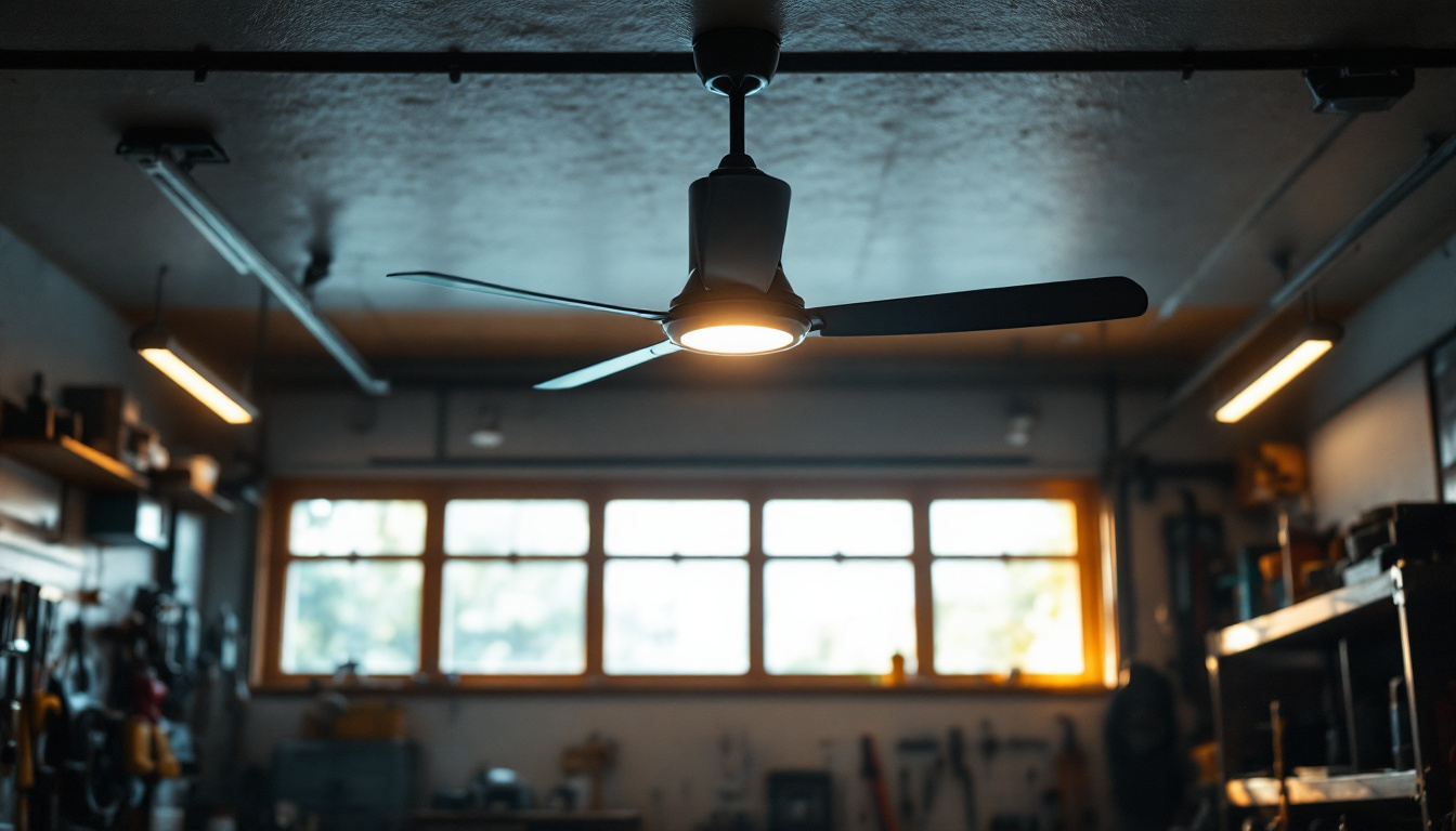 A photograph of a well-lit garage featuring a stylish ceiling fan in action