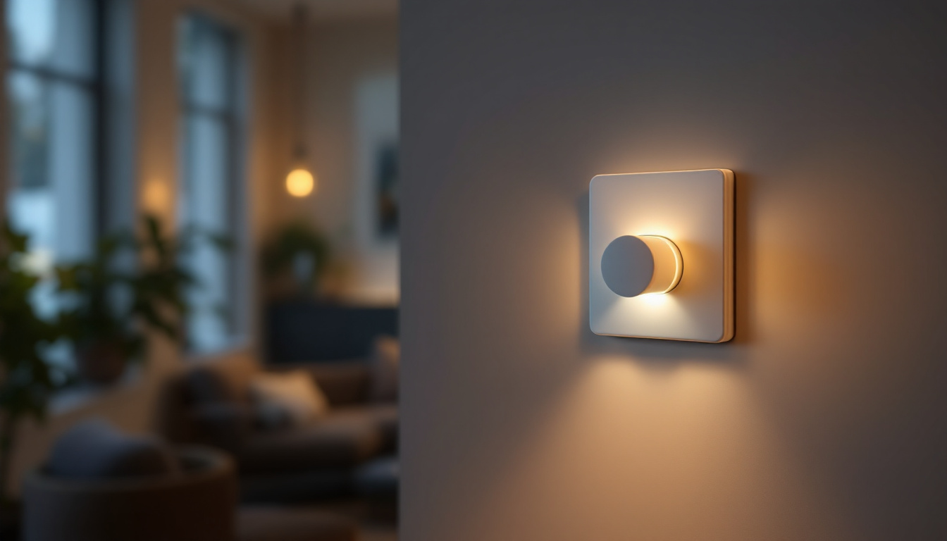 A photograph of a well-lit interior space featuring a stylish 0-10v dimmer switch in action