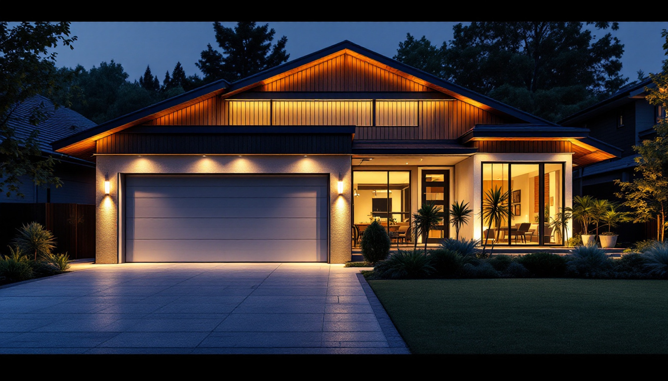 A photograph of a modern garage illuminated by stylish exterior lights