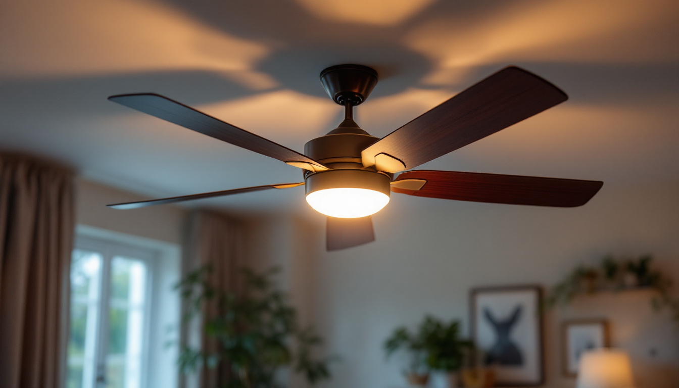 A photograph of capture a photograph of a beautifully illuminated hunter ceiling fan in a stylish room setting