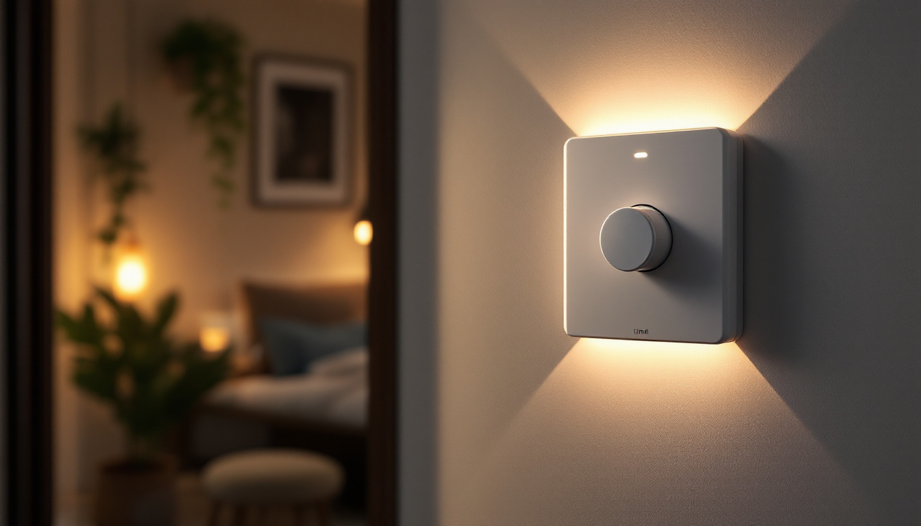 A photograph of a stylish dimming light switch installed in a modern home setting