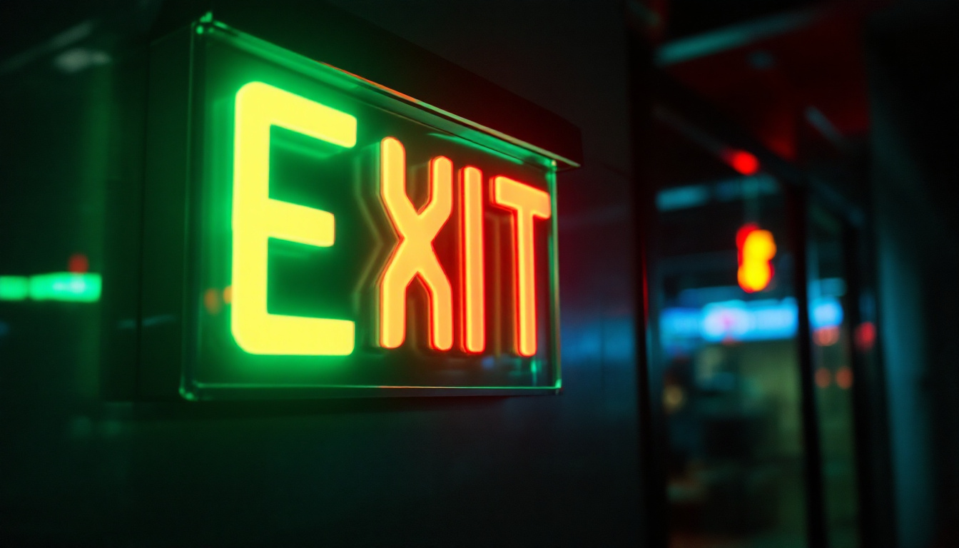 A photograph of a vibrant green and red exit sign illuminated in a dimly lit environment
