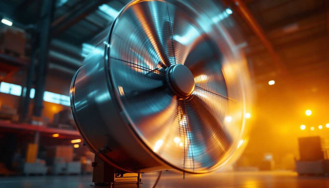 A photograph of a large warehouse fan in action
