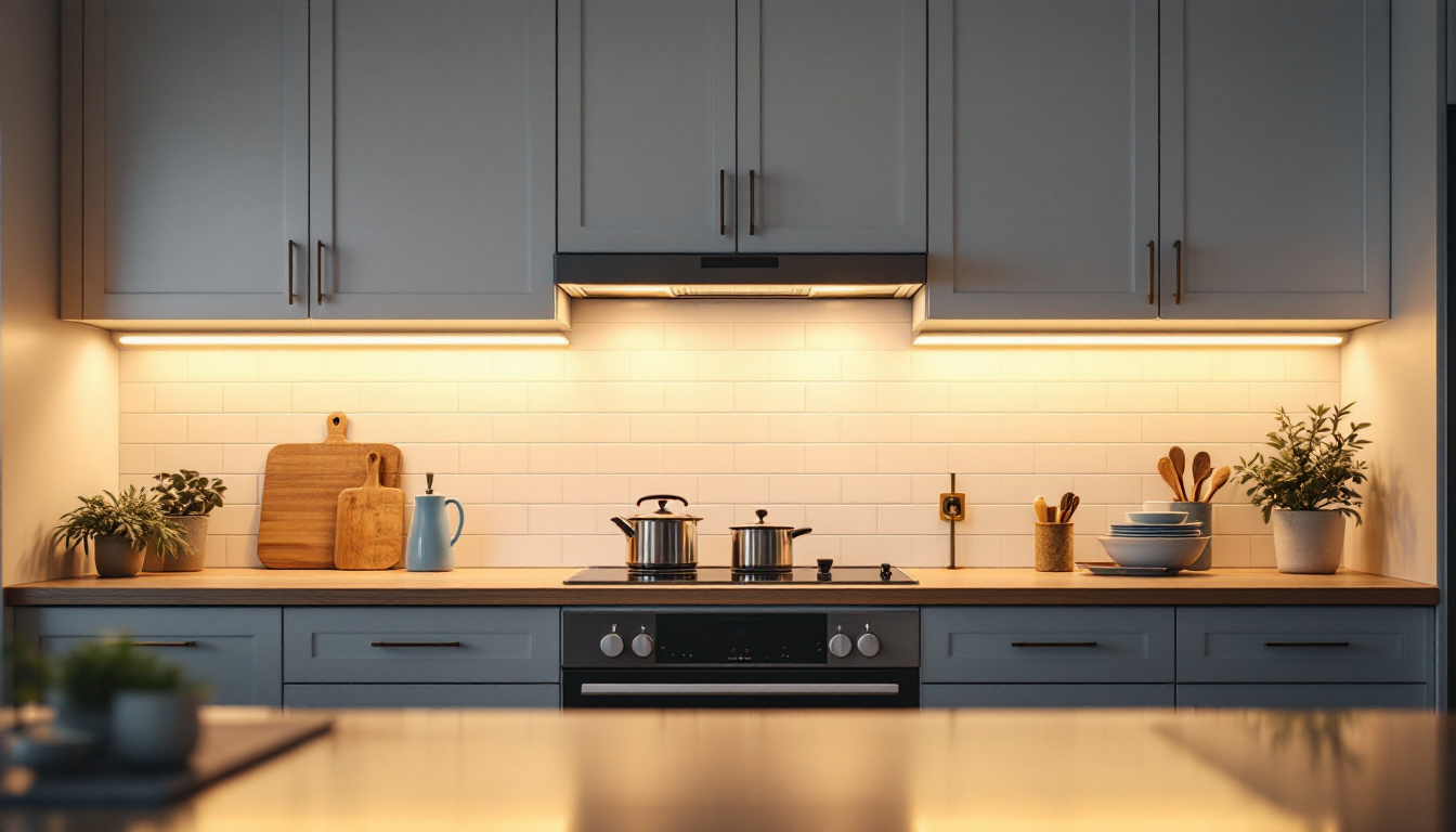A photograph of a beautifully illuminated kitchen scene featuring under cabinet strip lighting