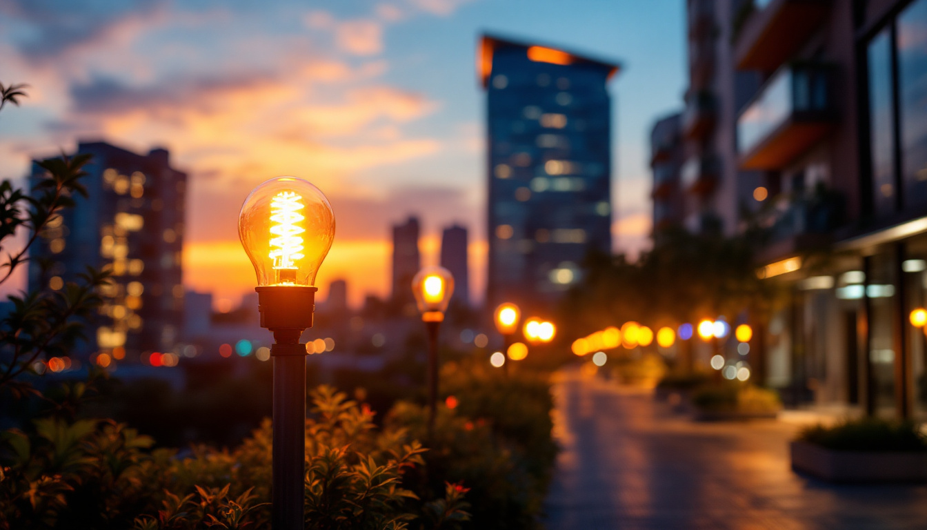 A photograph of a high-pressure sodium lamp illuminating a vibrant urban setting at dusk
