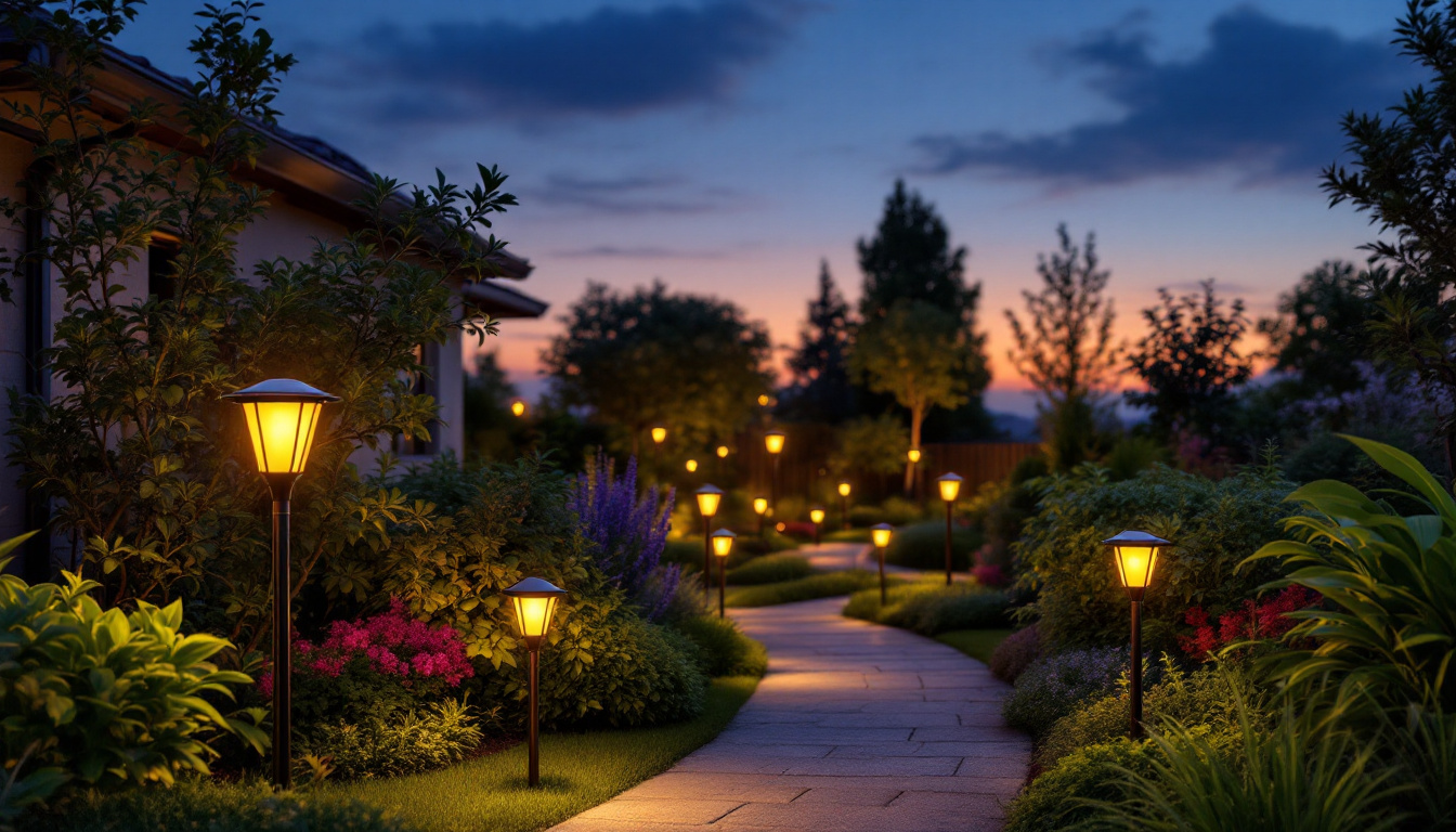 A photograph of a beautifully landscaped garden at dusk