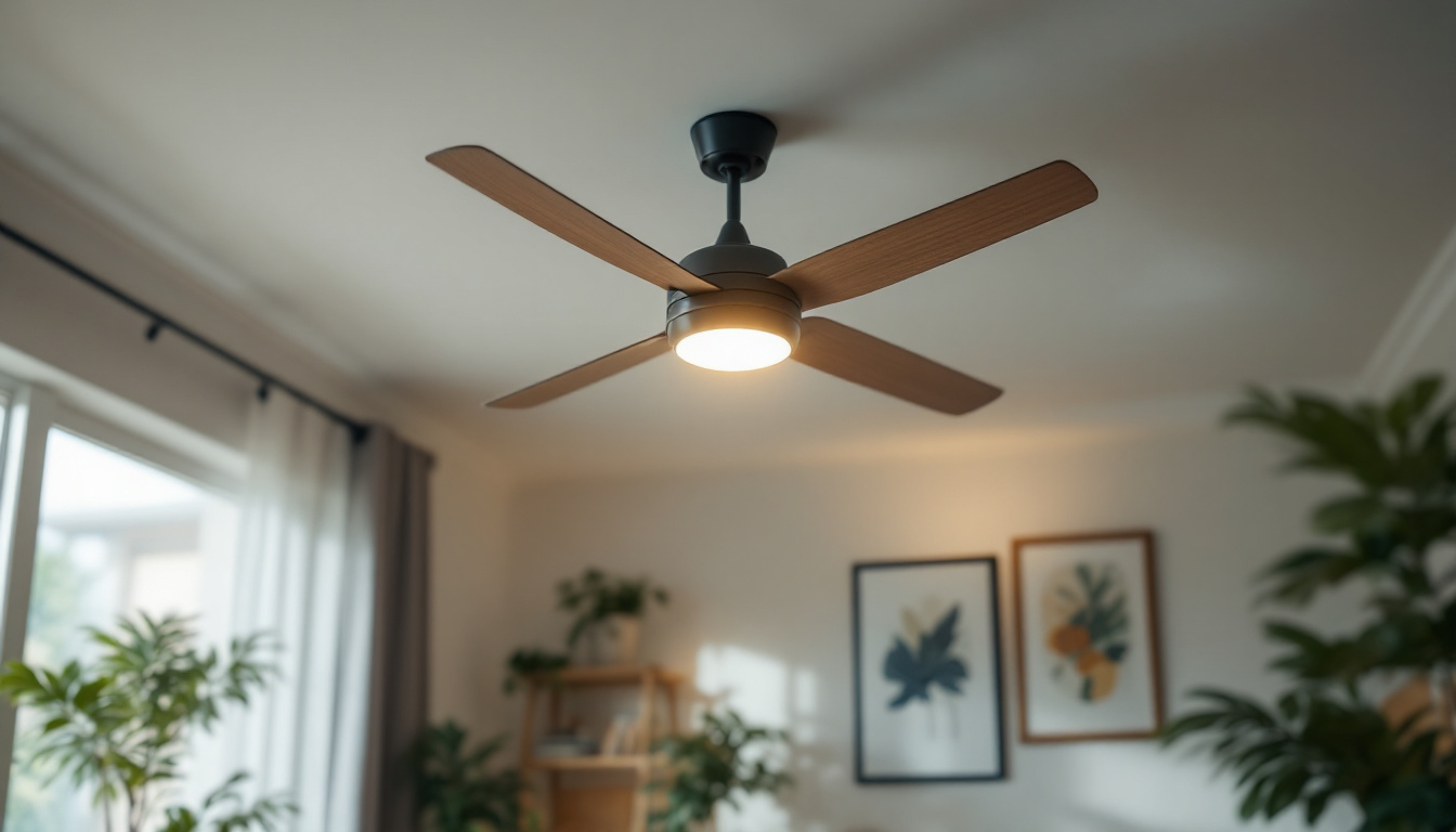 A photograph of a stylish ceiling fan with integrated light fittings in a well-decorated living space