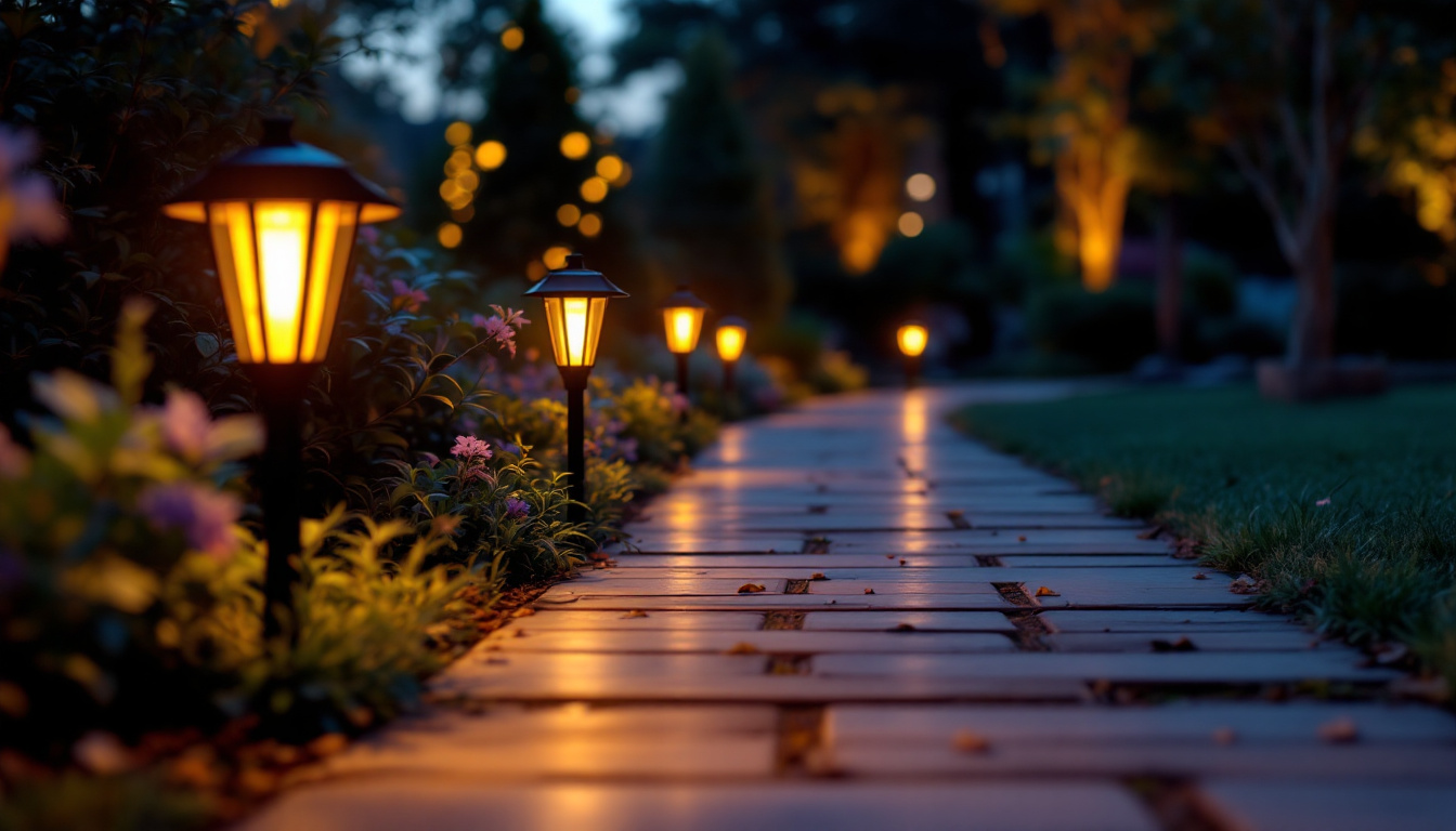 A photograph of a beautifully illuminated outdoor pathway lined with stylish solar lights at dusk