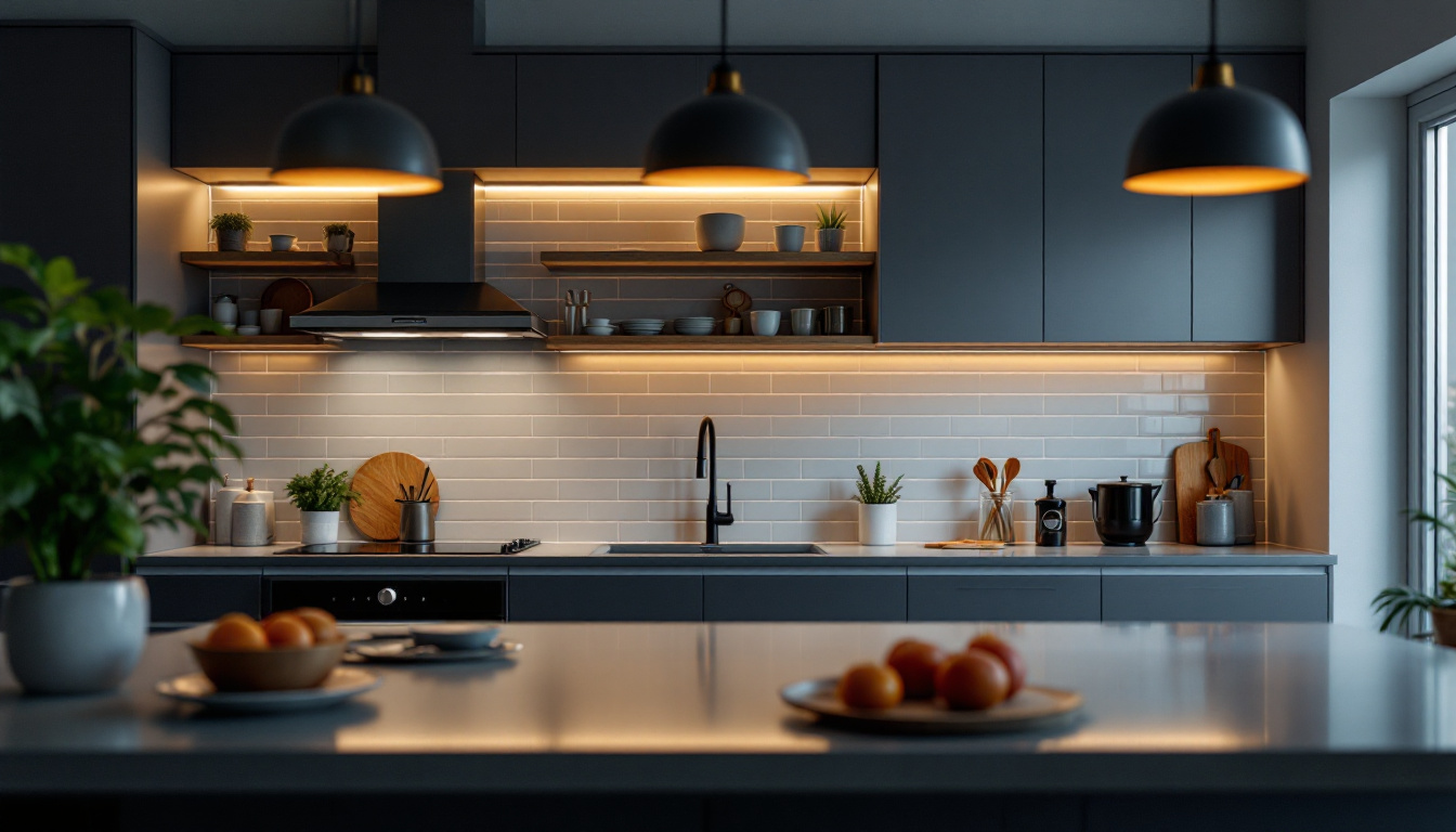 A photograph of a beautifully lit kitchen featuring various styles of under cabinet lights in action