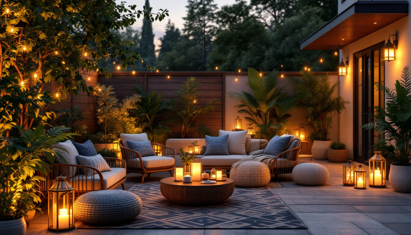 A photograph of a beautifully styled outdoor patio scene at dusk