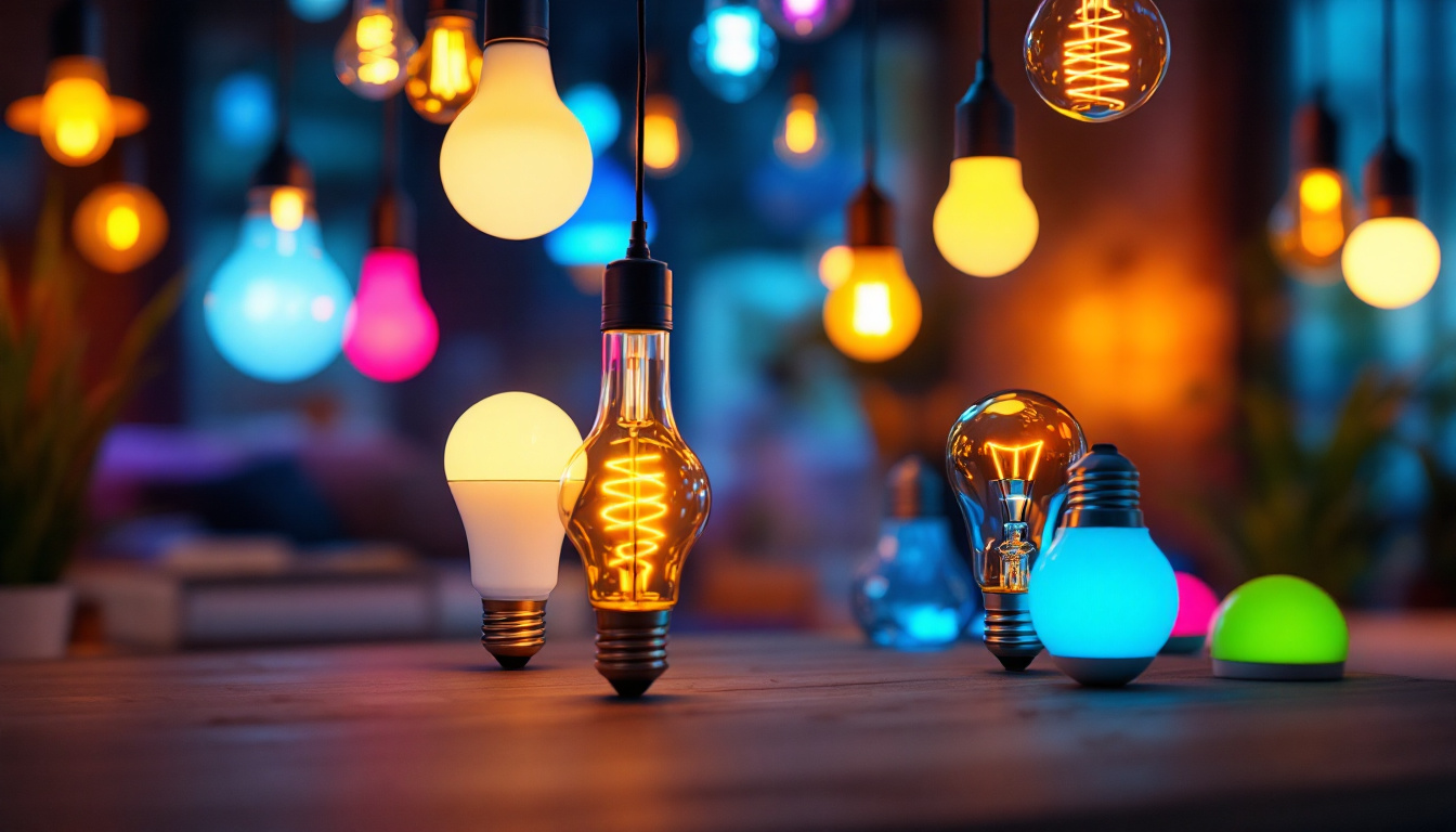 A photograph of a vibrant display of various types of led light bulbs in different shapes