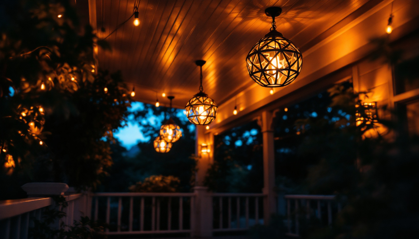 A photograph of a beautifully lit outdoor porch featuring stylish ceiling lights