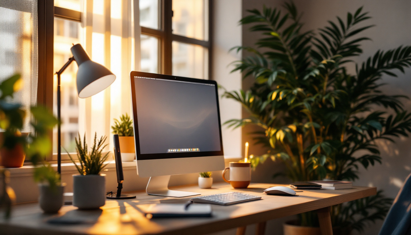A photograph of a well-lit workspace that showcases a harmonious blend of natural and artificial lighting