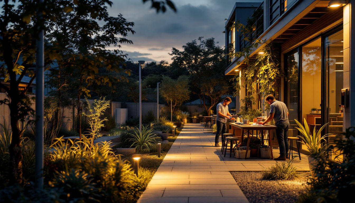 A photograph of a well-lit outdoor workplace environment at dusk