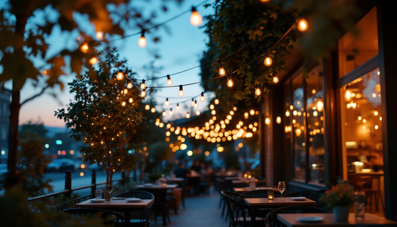 A photograph of a beautifully lit outdoor cafe setting at dusk