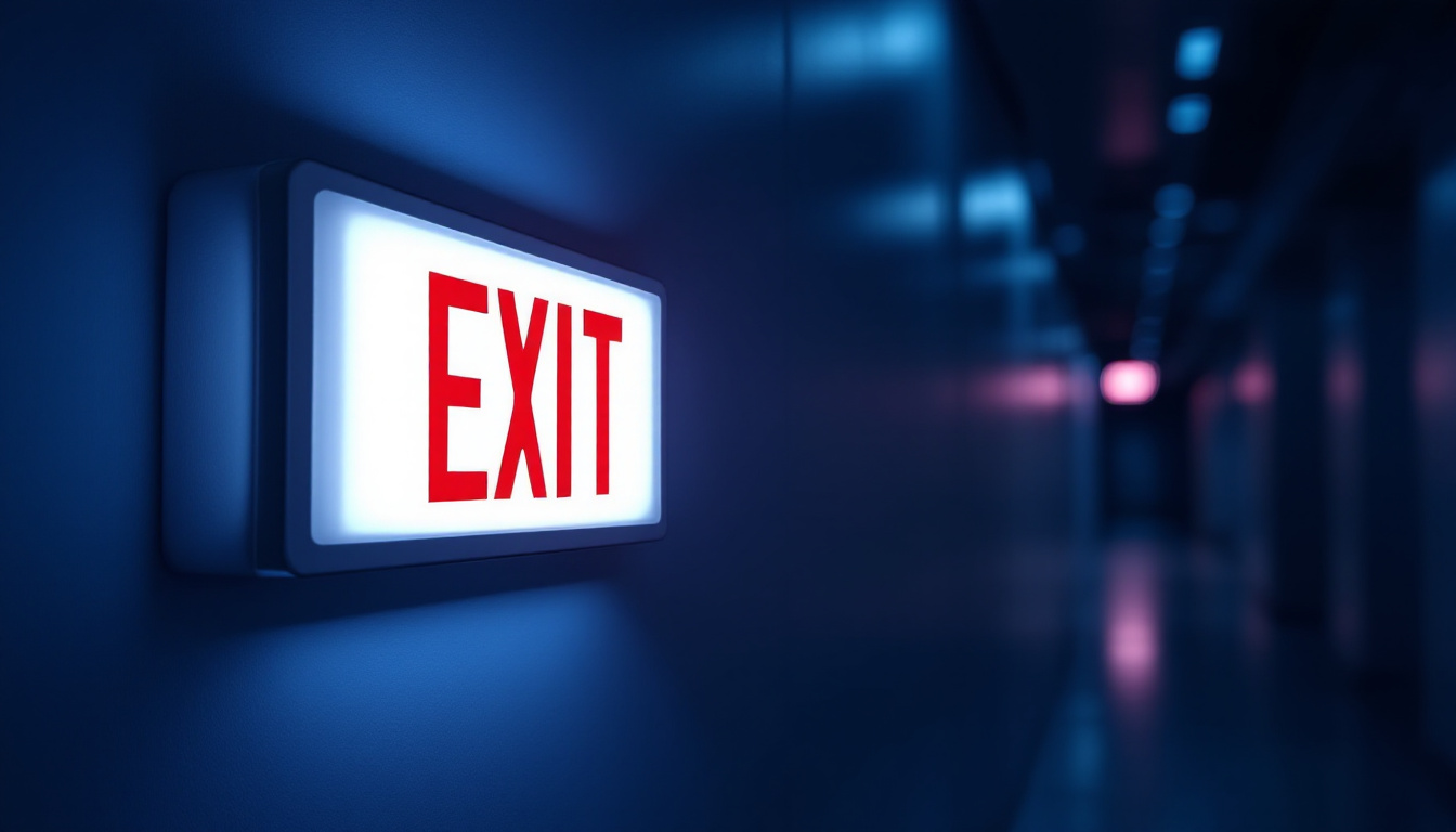 A photograph of a modern emergency exit light illuminated in a dimly lit corridor