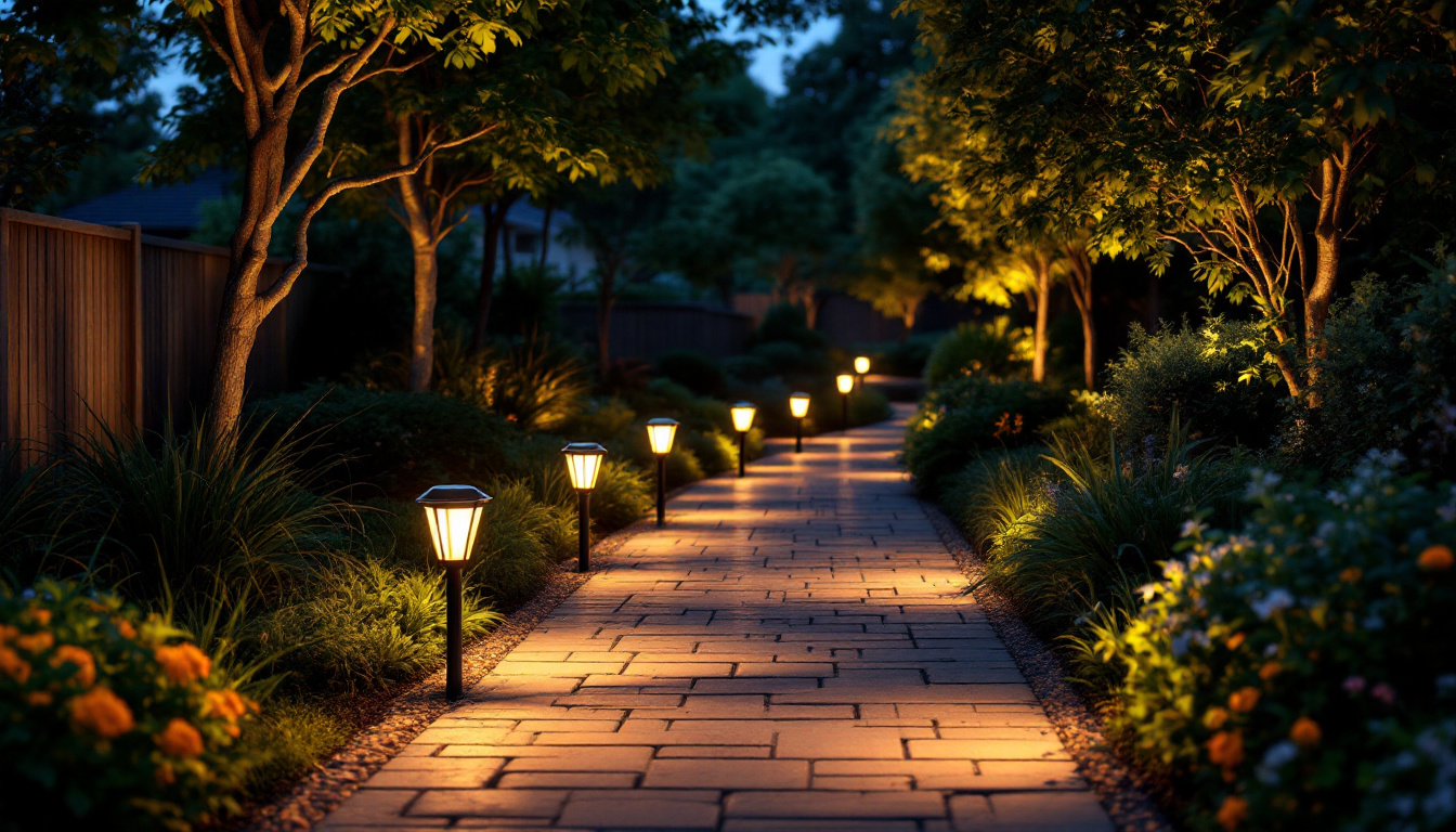 A photograph of a beautifully illuminated outdoor pathway featuring high-quality solar path lights