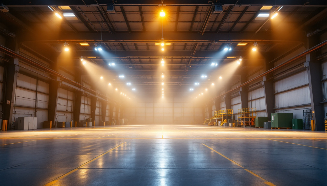 A photograph of a spacious industrial or commercial setting showcasing high bay led lights in action