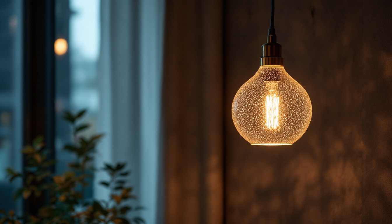 A photograph of a stylish contemporary pendant lamp elegantly illuminated in a modern interior setting