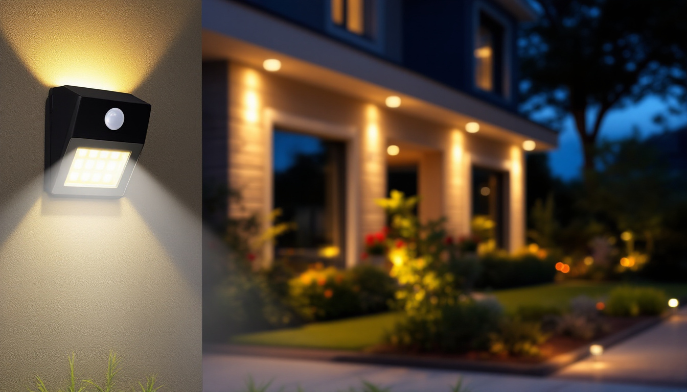 A photograph of a well-lit outdoor space showcasing various styles of motion sensor flood lights in action