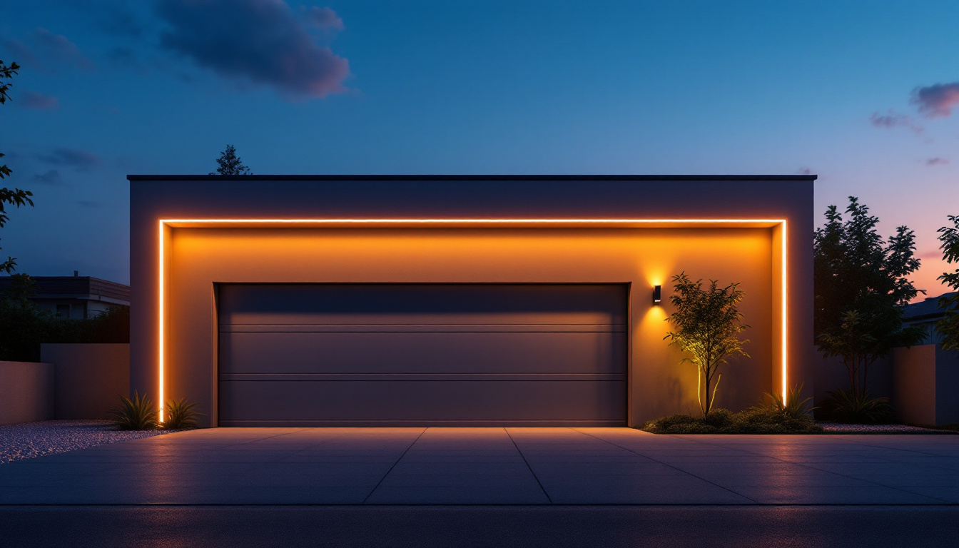 A photograph of a modern garage illuminated by sleek