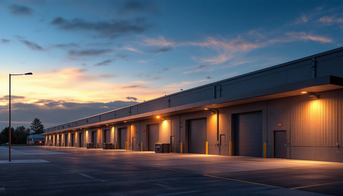 A photograph of a well-lit industrial or commercial space at dusk