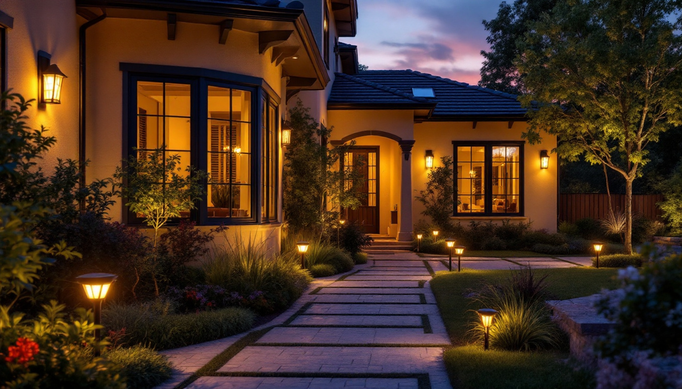 A photograph of a beautifully illuminated exterior space featuring solar lights in various settings