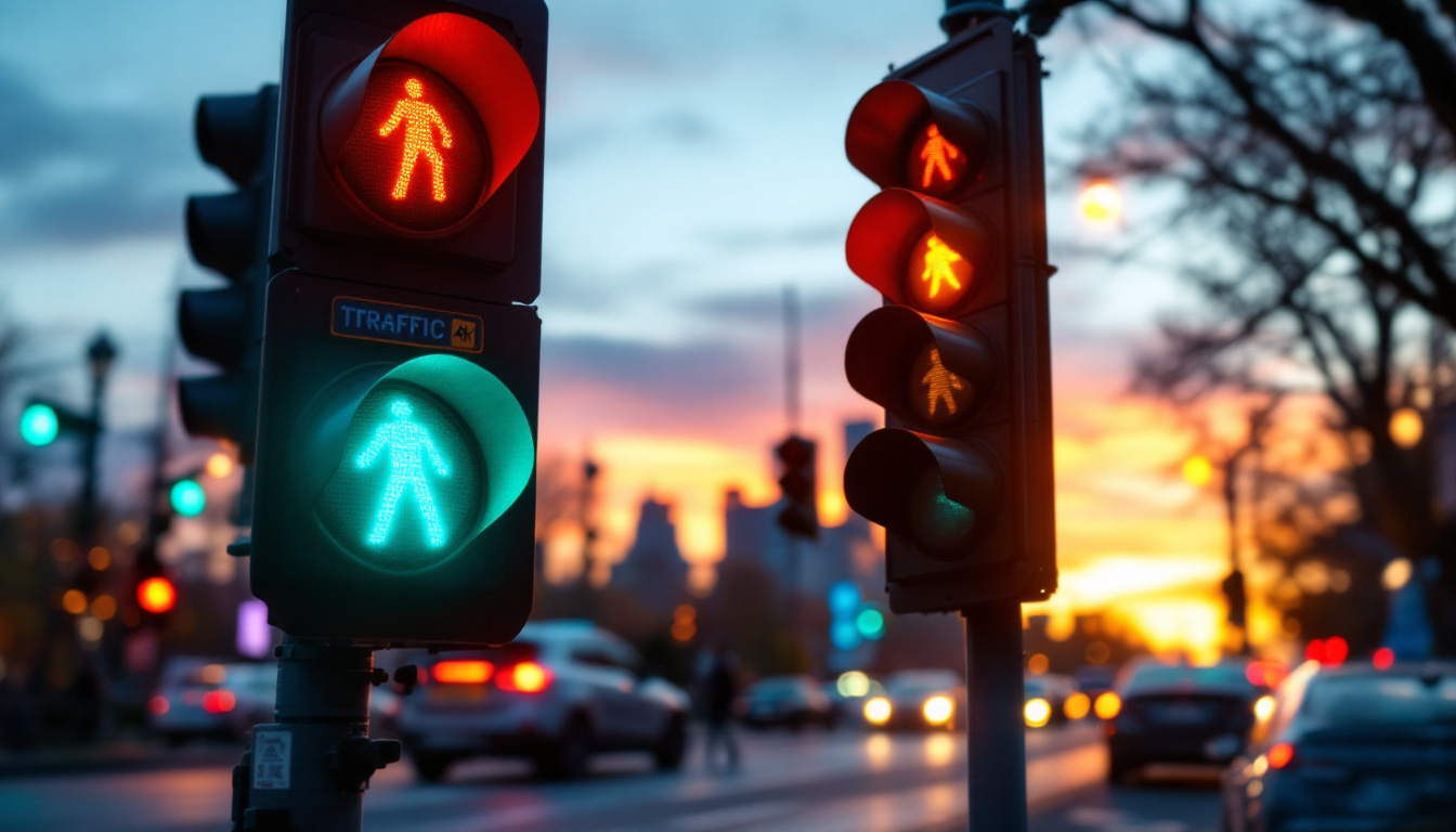A photograph of a busy urban intersection at dusk