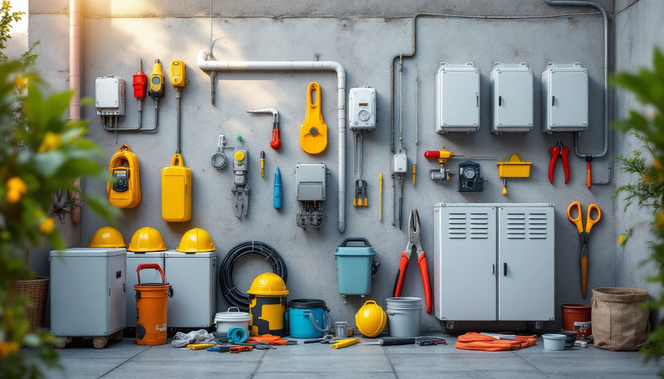 A photograph of a well-organized outdoor workspace showcasing a variety of electrical boxes