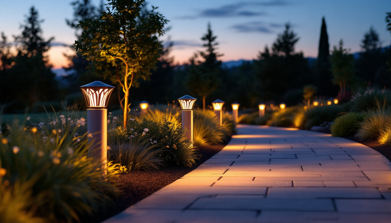 A photograph of a beautifully illuminated outdoor walkway at dusk