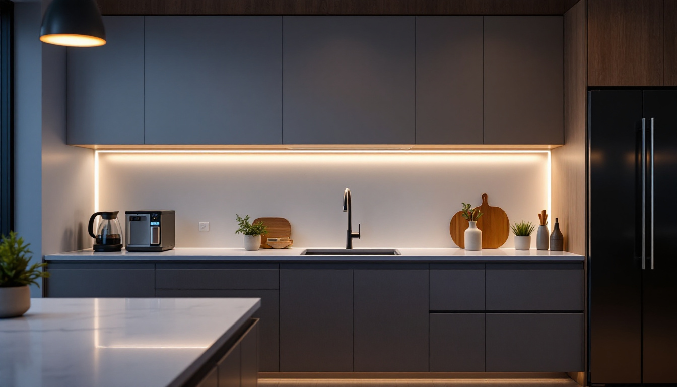 A photograph of a modern kitchen featuring sleek led under-cabinet lighting that highlights the workspace